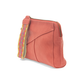 Retro styling crafted in antiqued vegan leather gives this bright coral colored clutch a vintage vibe. The removable woven wrist strap is the finishing touch on this stylish bag, so you can wear as a wristlet, a clutch, or even a crossbody with the included removable shoulder strap!   6.75"H x 9.75"W x 2.25"D  Removable and adjustable crossbody strap 22"-26"  Removable long wristlet strap 7.5" long  Zippered top closure