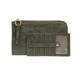 The Karina combines sleek styling with uber organization in beautiful antique-looking juniper colored vegan leather! The ultimate versatility, this bag can be worn as a crossbody, as a clutch, or as a wristlet.  The included bonus wallet with credit card slots, ID windows, zippered change pocket, and billfold will keep you organized on the go and can be carried separately! MAIN BAG: 9"H x 6"W x 1"D Removable and adjustable crossbody strap 21"-26" with lobster claw clasps