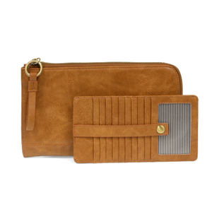 The Karina combines sleek styling with uber organization in beautiful antique-looking chestnut-colored vegan leather! The ultimate versatility, this bag can be worn as a crossbody, as a clutch, or as a wristlet.  The included bonus wallet with credit card slots, ID windows, zippered change pocket, and billfold will keep you organized on the go and can be carried separately! MAIN BAG: 9"H x 6"W x 1"D Removable and adjustable crossbody strap 21"-26" with lobster claw clasps