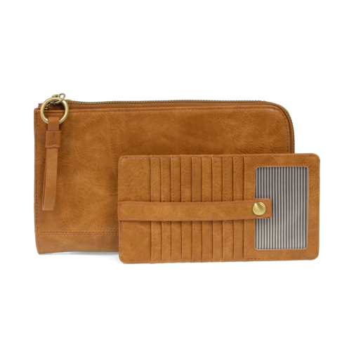 The Karina combines sleek styling with uber organization in beautiful antique-looking chestnut-colored vegan leather! The ultimate versatility, this bag can be worn as a crossbody, as a clutch, or as a wristlet.  The included bonus wallet with credit card slots, ID windows, zippered change pocket, and billfold will keep you organized on the go and can be carried separately! MAIN BAG: 9