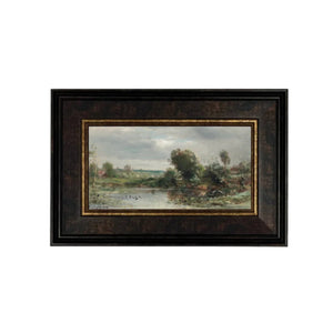We just love this relaxing print: "Ducklings on a Lake" by Charles Francois Daubigny. It has a pretty landscape and a pond with ducks swimming in it! Printed on premium canvas fabric for a lasting, textured finish and has a handcrafted ornate bronze/gold frame that adds a classic charm.&nbsp; Comes with a paper backing and hanging hardware for easy installation.

Made in the USA: Proudly crafted with quality and care.&nbsp;

Care Instructions: Keep canvas dry to maintain its quality. If smudged or dirty, ge