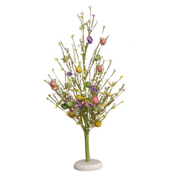 Let's get you ready for spring with this cute pastel Easter tree! Filled with berry twigs, colored Easter eggs, and purple flowers on the branches, this will be the perfect accent for your home this year. The tree has a white base and the branches can be moved up or down.

24