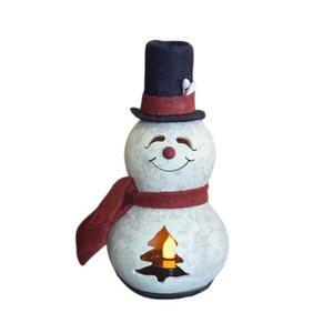 This cute gourd snowman is white in color with a red scarf and red nose.&nbsp; He has a handcrafted face and tree design.

It is approximately 3" in diameter and 6" tall.

It can be lit by purchasing a battery-operated tea light.


Warning: Gourds are flammable. Do not use candles in them or place them near open flames.