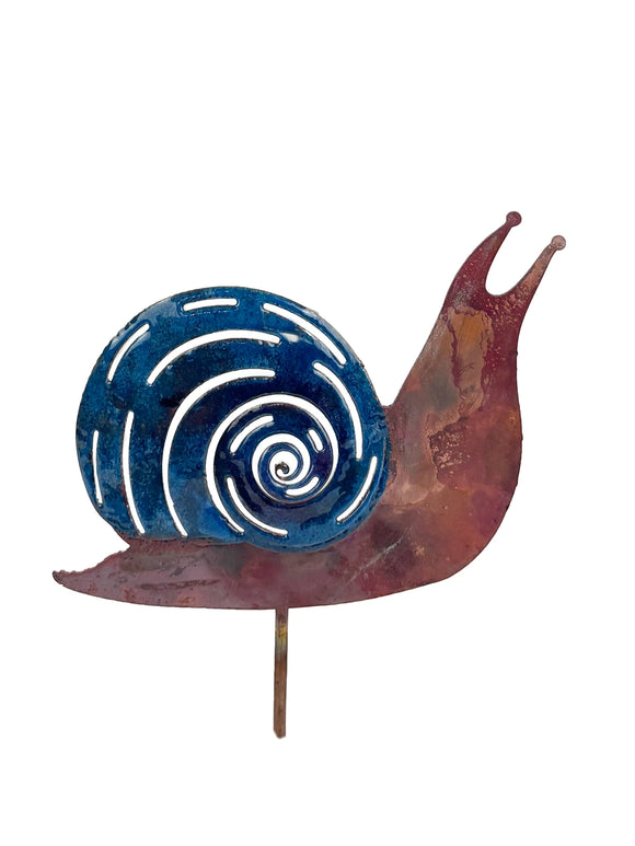 A fun piece to stick in your potted plant or your garden! This enamel snail is handcrafted by artisans in Michigan using real copper. They use torch fire enameling to create the azure color on this enameled snail. The natural copper areas will patina over time. 

Approximate size is about 3.5 H 