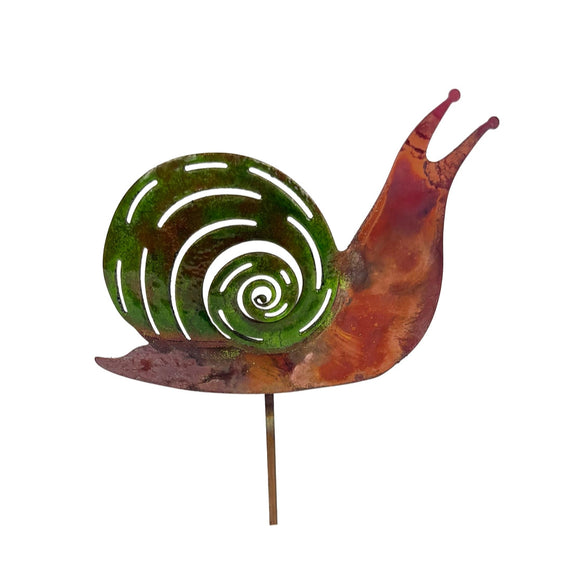 A fun piece to stick in your potted plant or your garden! This enamel snail is handcrafted by artisans in Michigan using real copper. They use torch fire enameling to create the moss color on this enameled snail. The natural copper areas will patina over time. 

Approximate size is about 3.5 H 