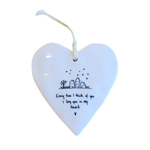 Our "Every time I think of you I hug you in my heart" Porcelain Heart Ornament makes a heartfelt gift!

Approximately 3&nbsp;1/2"&nbsp;w x 4"&nbsp;h