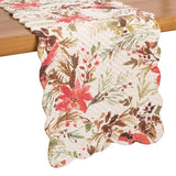 The Averie placemat features festive winter cardinals and evergreen pines. Reverses to a simple holly branch design that is perfect for the winter months!  Finished with a scalloped edge, this placemat is crafted of 100% cotton and hand-guided machine quilting.  Machine wash cold and tumble dry low for easy care.  14" l x 51" w x 0.5" h