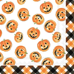 Get the party started with the cutest Halloween napkins! Jack-O-Lanterns are scattered on a white background with a black and orange checked border around the outer edges.  Materials - paper  20 per pkg: 3 ply - 5 x 5 in.