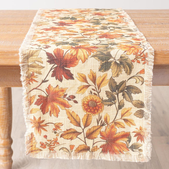Embrace the beauty of fall with this gorgeous table runner! It showcases a captivating falling leaf design in rich hues of olive, orange, brown, and gold. Perfect for your table or buffet this fall! 

72