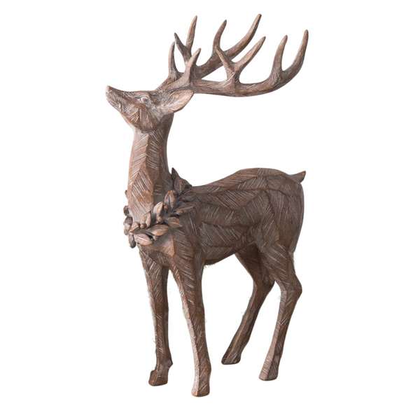 This elegant standing deer gazes upward, embellished with a beautifully intricate wreath around its neck. The exquisite etchings on the deer amplify its allure—picture how impressive it would look as a captivating centerpiece in your home!

116