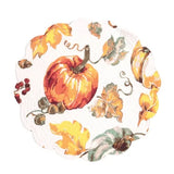 Welcome the changing of the season with this watercolor pumpkin placemat. It features a beautiful pumpkin and leaf design that reverses to a coordinating striped pattern for additional styling options. Perfect for adding a touch of warmth to any autumn-themed table setting, this cotton placemat is sure to be the highlight of your home decor this season!  Finished with a scalloped edge, this tabletop collection is crafted of 100% cotton and hand-guided machine quilting.