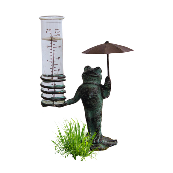 This adorable frog rain gauge will make you smile when you see the rain! He's standing on his lily pad (as well as himself), which is brown in color but covered in a green patina rub. He is holding a brown umbrella. He holds the glass rain gauge in his right hand. The rain gauge is removable.

9 H x 6.5 W x 3.5 D

Iron & glass