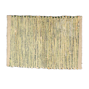 Need to add a little texture to your home? You'll love this stylish, sustainable, durable hand-woven khaki and green-colored placemat. It&nbsp;will surely enrich the décor of any surface in your home. Made with Jute and cotton, this placemat is environmentally friendly, sustainable, trendy, and stylish.  13" W x 19"L  Spot clean only.  Jute &amp; Cotton  Handmade in India