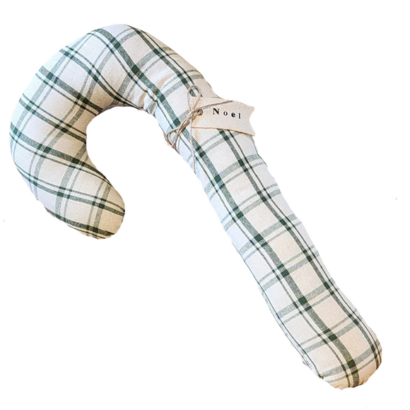 We are loving these large candy cane pillows this year! This one is made from a cream fabric with a green windowpane plaid fabric. It has a cloth tag that says 