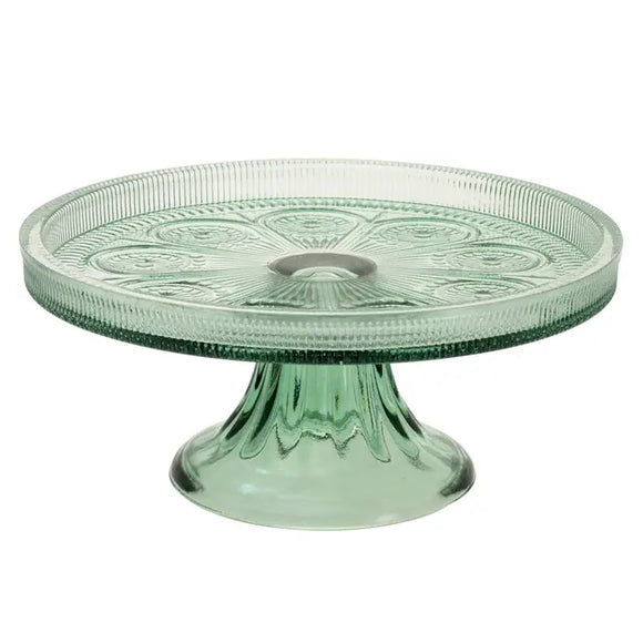 This pretty green glass cake stand is a nod to times gone by! It's a beautifully crafted stand with an intricate raised pattern that adds a touch of sophistication to any table setting. 

8.25