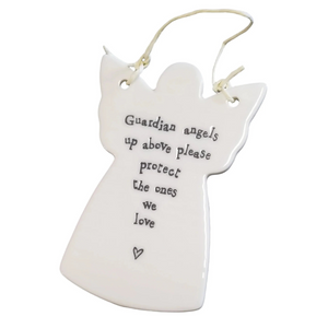 You'll love to give one of these angel-shaped porcelain ornaments to someone special! They have a cord tied to the wings so that it can hang if you would like. The&nbsp;words "Guardian Angels Up Above Please Protect The Ones We Love" in a black print font.

2 3/4" W x 4" H