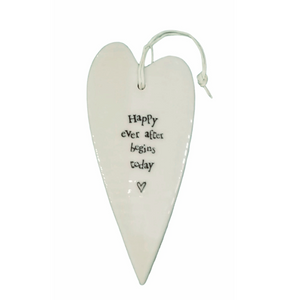 "happy ever after begins today" Porcelain Heart Ornament

2 1/2" W x 5 1/4" H