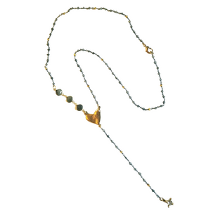 For the woman with a "Heart of Gold", we have the perfect necklace. Beautiful Labradorite beaded chain with an artisan hammered heart and a touch of sparkle.

24" with a 4" drop.