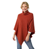 The epitome of cozy, this everyday luxury poncho is crafted from a soft knit fabric in spice, with a rich cable texture that adds depth and dimension. Designed with a relaxed drape and a comfortable turtleneck, it delivers effortless warmth while maintaining an elevated, easy silhouette. The lightweight feel allows for comfortable layering without bulk, making it a versatile piece for both casual and polished styling. Soft. Luxe. and made for all day comfort, this poncho brings refined ease and timeless app