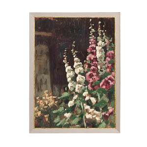 A beautiful view of white and pinkish-purple hollyhocks on premium canvas fabric for a lasting, textured finish! The taupe frame has a gold beaded trim along the inside that adds a classic charm.&nbsp; Comes with a paper backing and hanging hardware for easy installation.

Made in the USA: Proudly crafted with quality and care.&nbsp;

Care Instructions: Keep canvas dry to maintain its quality. If smudged or dirty, gently wipe with a dry, soft cloth.
