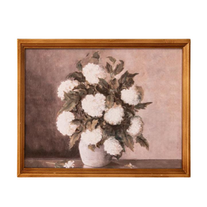 This beautiful still life botanical features a vase of white hydrangeas. It has an antiqued gold frame that will look great by itself or mixed in with other wall art!

11" H x 15" W