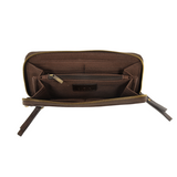 Cool, stylish, and organized, too! This wallet has it all! 12 credit card pockets, 2 change pockets and 2 billfold pockets all wrapped in a dark oak&nbsp;colored vegan leather, lined with rugged washed canvas, and accented with our new Logo zipper pull. The removable strap lets you carry it as a compact wristlet, too!


Dimensions: 7.75 in. W x 4 in. H x .5 in. D
Full Zip Around Closure
Exterior Zip Pocket on Spine
Removable Wristlet Strap
12 Credit Card Pockets
2 Billfold Pockets
Interior Zipper
Coin Pocke