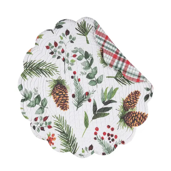 The Jovie Pinecone placemat features pinecones, berries, and evergreen pines. It reverses to an adorable red, green, and white plaid—perfect for the holiday! Finished with a scalloped edge, this placemat is crafted of 100% cotton and hand-guided machine quilting.

Machine wash cold and tumble dry low for easy care.

17