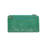 This slim and sleek wallet has nine credit card pockets, each with a snap tab for security and brass-plated hardware. It also has an ID window, zippered change pocket, and zippered billfold pocket in distressed jungle green vegan leather.


DIMENSIONS: 3.75 IN. H X 7.25 IN. W X .25 IN. D&nbsp;


100% Vegan leather (polyurethane)