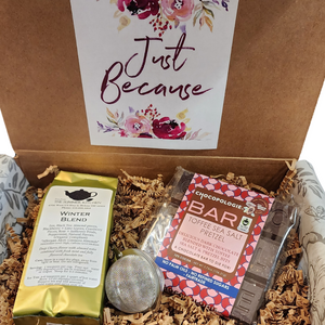 Sometimes you just need tea....and chocolate! Send our "Just Because" tea box to someone that needs a pick me up!&nbsp; Inside is our delicious Winter Blend tea, a tea ball to brew it in and our Toffee Sea Salt Pretzel Dark Chocolate Bar to snack on....could it get any better?&nbsp; We don't think so!