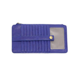 This slim and sleek wallet has nine credit card pockets, each with a snap tab for security and brass-plated hardware. It also has an ID window, zippered change pocket, and zippered billfold pocket in distressed beautiful cobalt vegan leather.


DIMENSIONS: 3.75 IN. H X 7.25 IN. W X .25 IN. D&nbsp;


100% Vegan leather (polyurethane)