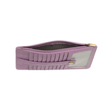 This slim and sleek wallet has nine credit card pockets, each with a snap tab for security and brass-plated hardware. It also has an ID window, zippered change pocket, and zippered billfold pocket in distressed lilac vegan leather.


DIMENSIONS: 3.75 IN. H X 7.25 IN. W X .25 IN. D&nbsp;


100% Vegan leather (polyurethane)