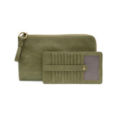 The Karina combines sleek styling with uber organization in beautiful antique-looking eucalyptus green colored vegan leather! This bag has the ultimate versatility, as it can be worn as a crossbody, a clutch, or a wristlet. The bonus wallet, which includes credit card slots, ID windows, a zippered change pocket, and a billfold, will keep you organized and can be carried separately!


MAIN BAG: 9"H x 6"W x 1"D



Removable and adjustable crossbody strap 21"-26" with lobster claw clasps

Removable long wristl