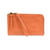 The Karina combines sleek styling with uber organization in beautiful antique-looking melon-colored vegan leather! The ultimate versatility, this bag can be worn as a crossbody, as a clutch, or as a wristlet.  The included bonus wallet with credit card slots, ID windows, zippered change pocket, and billfold will keep you organized on the go and can be carried separately! MAIN BAG: 9"H x 6"W x 1"D Removable and adjustable crossbody strap 21"-26" with lobster claw clasps