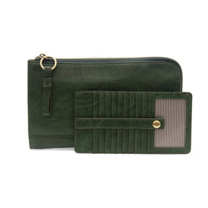 The Karina combines sleek styling with uber organization in beautiful antique-looking emerald green colored vegan leather! The ultimate versatility, this bag can be worn as a crossbody, as a clutch, or as a wristlet.  The included bonus wallet with credit card slots, id windows, zippered change pocket, and billfold will keep you organized on the go and can be carried separately!