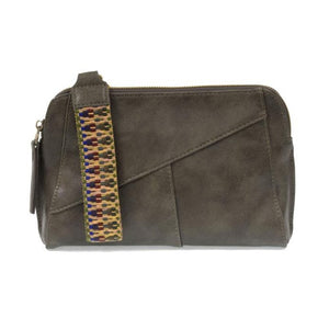 Retro styling crafted in antiqued vegan leather gives this khaki-grey colored clutch a vintage vibe. The removable woven wrist strap is the finishing touch on this stylish bag so that you can wear it as a wristlet, clutch, or crossbody with the included removable shoulder strap!   6.75"H x 9.75"W x 2.25"D