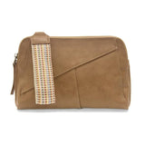 Retro styling crafted in antiqued vegan leather gives this light tan clutch a vintage vibe. The removable woven wrist strap is the finishing touch on this stylish bag so that you can wear it as a wristlet, clutch, or crossbody with the included removable shoulder strap!