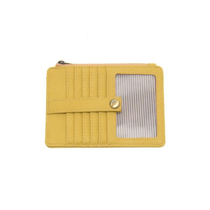 We love this mini wallet in a laguna yellow vegan leather! It is full of style and will hold your license and up to six credit cards. The zipper pocket is roomy enough for your change and cash, and a pocket is on the back.&nbsp; This mini wallet is perfect for you, but it makes an awesome gift!

DIMENSIONS: 4 IN. H X 5.5 IN. W X .25 IN. D

ZIPPERED TOP CLOSURE ON EDGE

6 CREDIT CARD POCKETS

ID WINDOW POCKET

EXTERIOR PASSPORT POCKET

STRIPED LINING

BRASS PLATED HARDWARE

100% VEGAN LEATHER (POLYURETHANE)