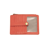 We love this mini wallet in a pretty coral colored vegan leather! It is full of style and will hold your license and up to six credit cards. The zipper pocket is roomy enough for your change and cash, and a pocket is on the back.  This mini wallet is perfect for you, but it makes an awesome gift!  DIMENSIONS: 4 IN. H X 5.5 IN. W X .25 IN. D  ZIPPERED TOP CLOSURE ON EDGE  6 CREDIT CARD POCKETS  ID WINDOW POCKET