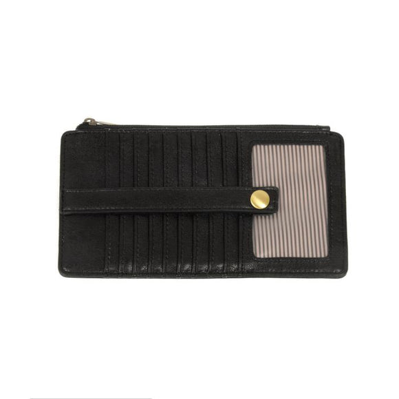 This slim and sleek wallet has nine credit card pockets, each with a snap tab for security and brass-plated hardware. It also has an ID window, zippered change pocket, and zippered billfold pocket in distressed black vegan leather.

DIMENSIONS: 3.75 IN. H X 7.25 IN. W X .25 IN. D 

100% Vegan leather (polyurethane)