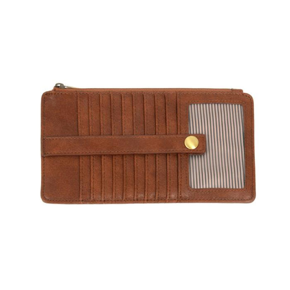 This slim and sleek wallet has nine credit card pockets, each with a snap tab for security and brass-plated hardware. It also has an ID window, zippered change pocket, and zippered billfold pocket in distressed saddle brown vegan leather.


DIMENSIONS: 3.75 IN. H X 7.25 IN. W X .25 IN. D 