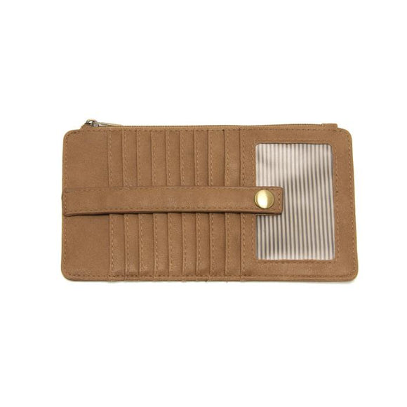 This slim and sleek wallet has nine credit card pockets, each with a snap tab for security and brass-plated hardware. It also has an ID window, zippered change pocket, and zippered billfold pocket in distressed tan vegan leather.


DIMENSIONS: 3.75 IN. H X 7.25 IN. W X .25 IN. D 


100% Vegan leather (polyurethane)