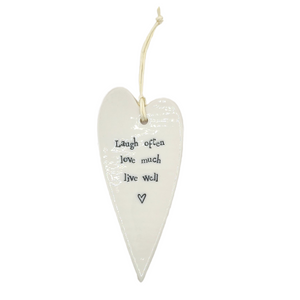 "Laugh often love much live well" White Porcelain Heart Ornament

2 1/2" W x 5 1/4" H
