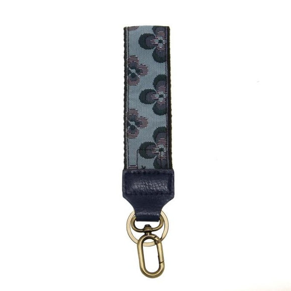 Blue wristlet keychain with turquoise and purple daisies,1.5 inches