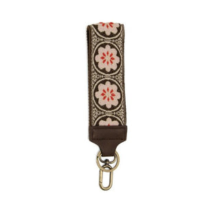We love these wristlet keychain/wristlet straps. They are comfortable to wear and look super cute - pick up a few for yourself & gifts!  2" strap with pink rosettes with red accents on a brown stra