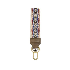 We love these wristlet keychain/wristlet straps. They are comfortable to wear and look super cute - pick up a few for yourself &amp; gifts!

1.5" brown strap with reds, blues and browns on a cream strap in a woven pattern