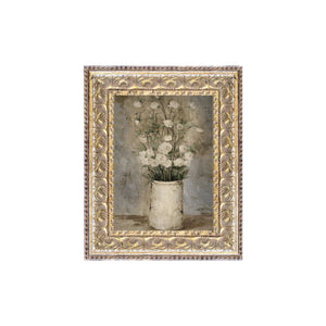 This almost whimsical print has a vase that is full of white roses. Printed on premium canvas fabric for a lasting, textured finish and has a handcrafted ornate gold frame that adds a classic charm.&nbsp; Comes with a paper backing and hanging hardware for easy installation.

Made in the USA: Proudly crafted with quality and care.&nbsp;

Care Instructions: Keep canvas dry to maintain its quality. If smudged or dirty, gently wipe with a dry, soft cloth.