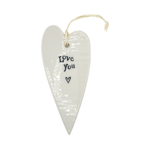"love you" White Porcelain Heart Ornament

2 1/2" W x 5 1/4" H