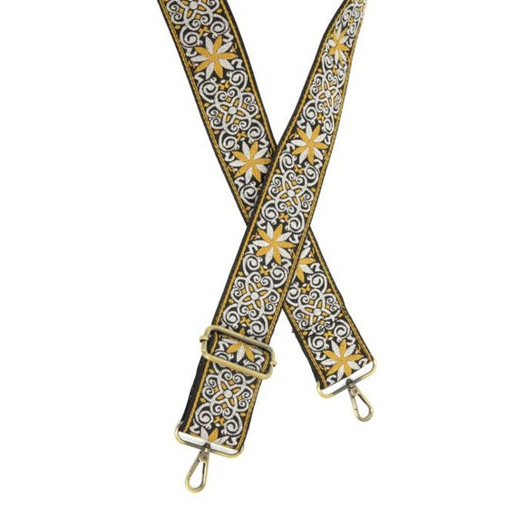 Let your star shine bright! Personalize your bag with this embroidered guitar strap in a beautiful celestial pattern in a lovely black, cream, and gold!     2