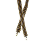 We love this neutral stripe guitar strap in white, mustard, black, dark tan, brown and plum!  The back of the strap is a solid dark tan color.   1.5" wide  35"-54" adjustable length  80% Polyester 20% Cotton  Brass plated hardware 