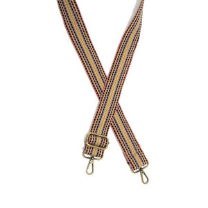 This blush pink, navy &amp; yellow woven guitar strap will brighten up your purse or crossbody! (Note, the pink is much brighter in person!)    1.5" wide  35-54" adjustable length  Brass plated hardware  20% Cotton, 80% Polyester